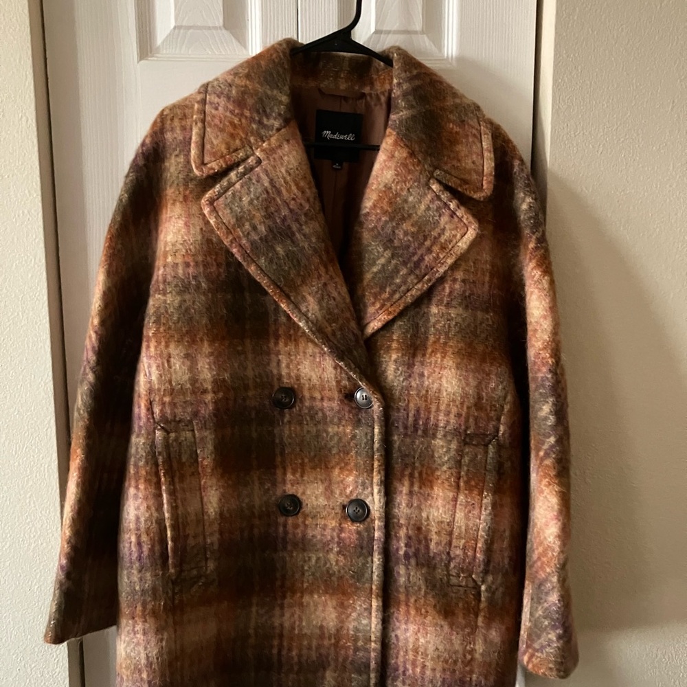 Madewell Brown Pea Coat with Plaid Pattern